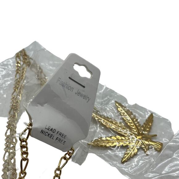 Marijuana Leaf Necklace Ganja Weed Pot Pendant Gold Tone 30" Chain Bling Bling - Picture 3 of 12